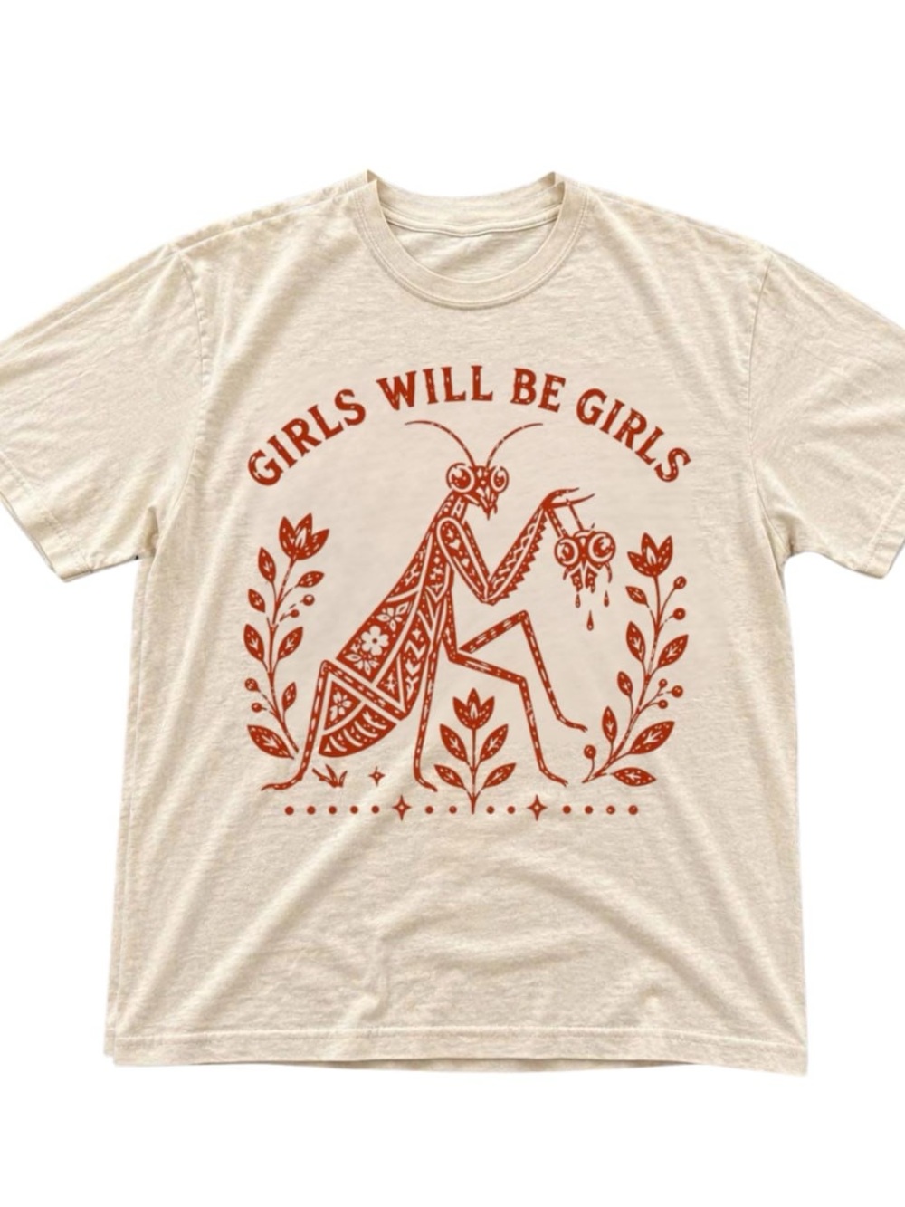 Cream Short Sleeve Tee with Rust Praying Mantis Graphic